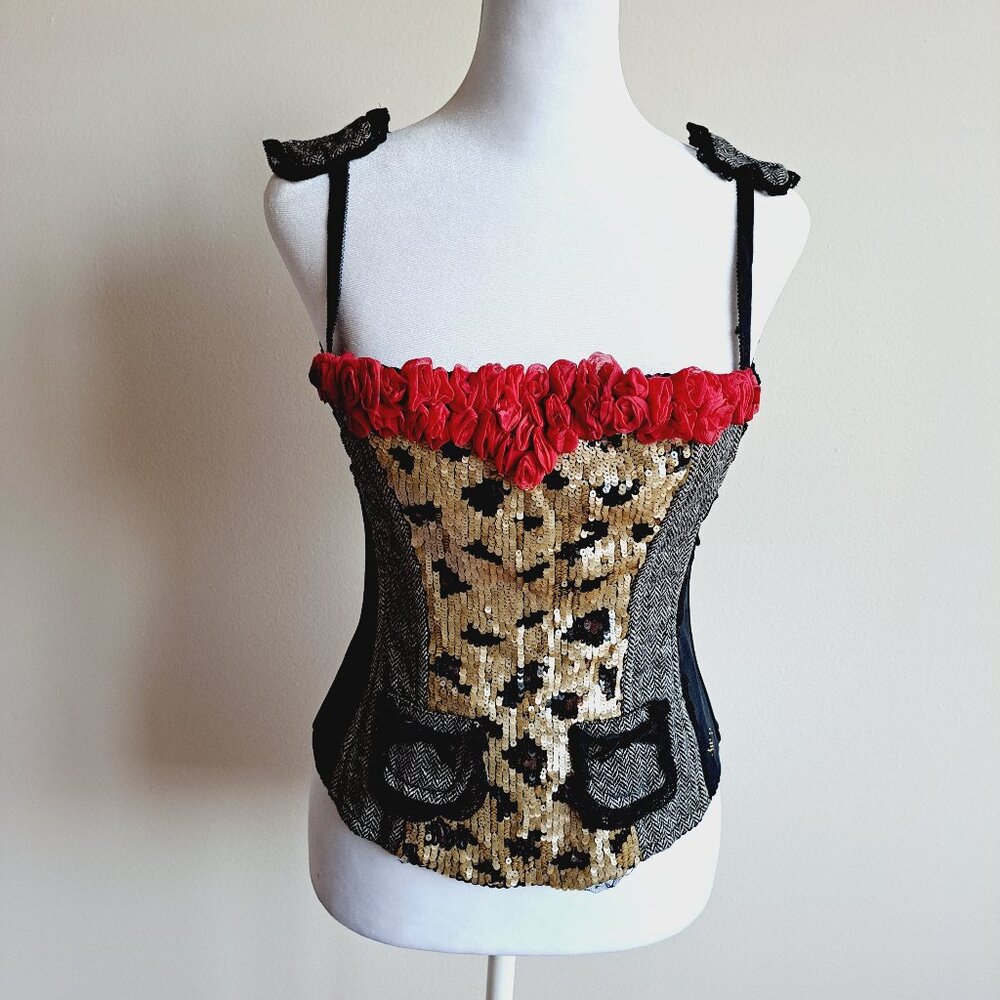VDP Italian Sequin Leopard Print Red Roses Black Corset Size 40 / XS